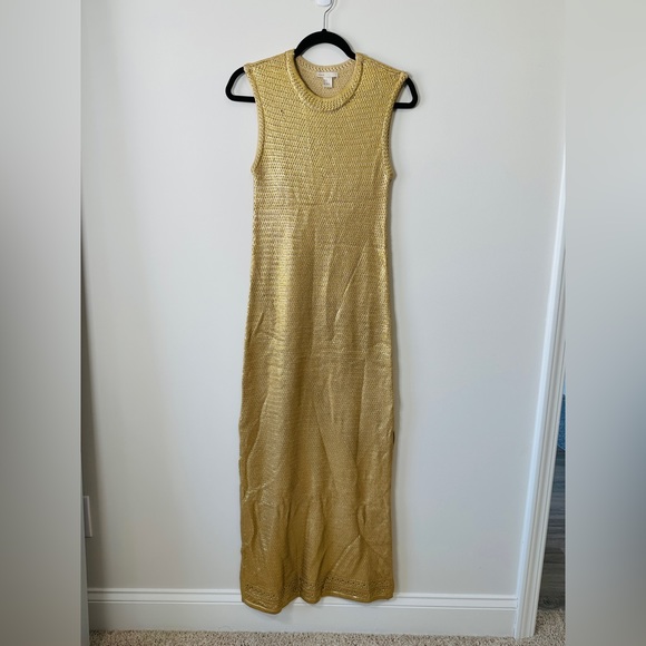 H&M Silk Blend Maxi Length Gold Metallic Knit Vest Dress W/ Side Slits Size 4 - Picture 10 of 12